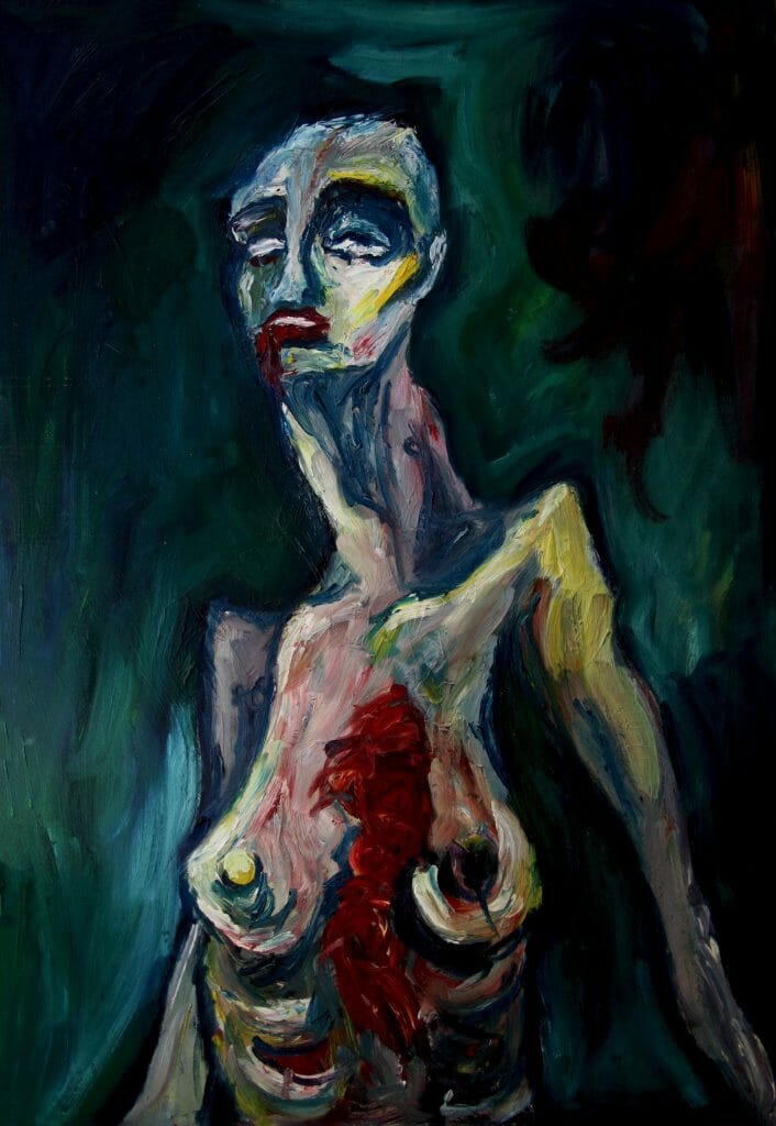 Artwork from #HannaZarka #NarrativeArt #WomanPainting #Expressionism An oil painting expressionist about a woman "écorché".