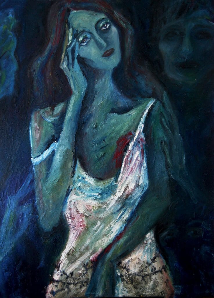 Artwork from #HannaZarka #NarrativeArt #WomanPainting #Expressionism An oil painting expressionist that talks about virginity and sexual pressure.