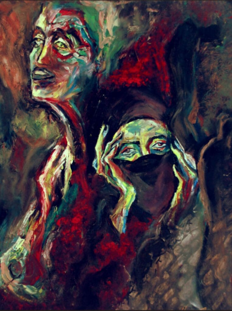 Artwork from #HannaZarka #NarrativeArt #WomanPainting #Expressionism An oil painting expressionist that talks about women's pain.